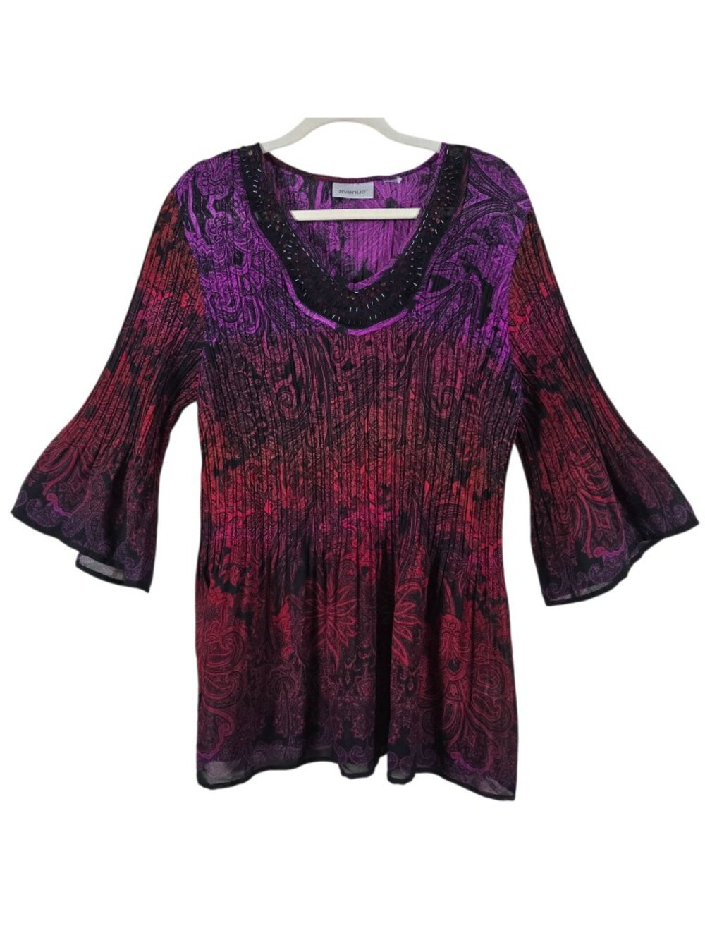 Avenue Womens Red Purple Pleated Paisley Sequin Neck Bell Sleeve Top 18/20 1X